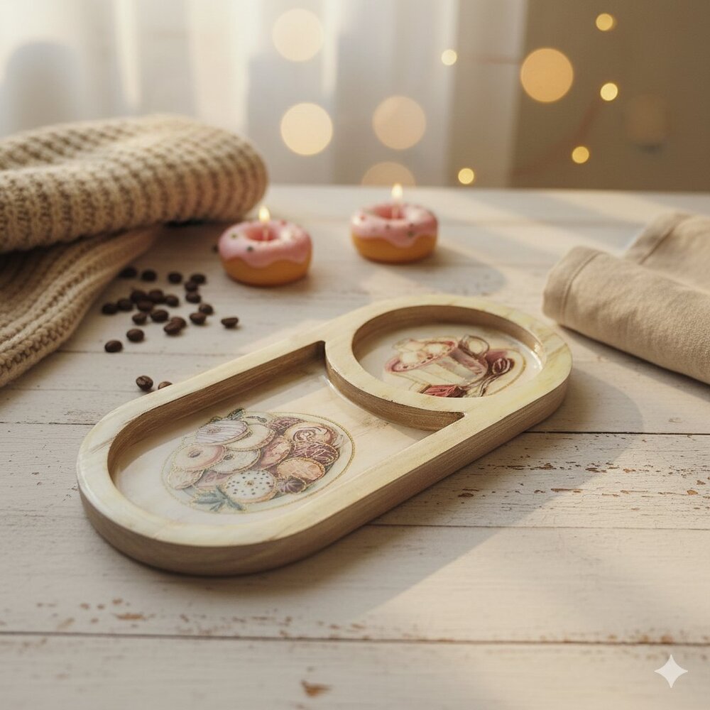 Handmade Oval 2-Compartment Donut Hot Cocoa Serving Snack Tray